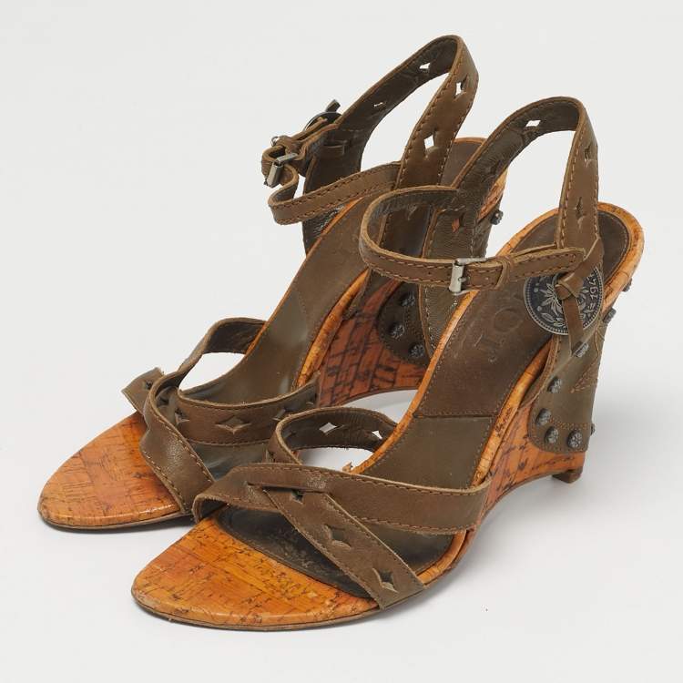 Pre Owned Dior Two Tone Leather Gaucho Wedge Ankle Strap Sandals Size 37