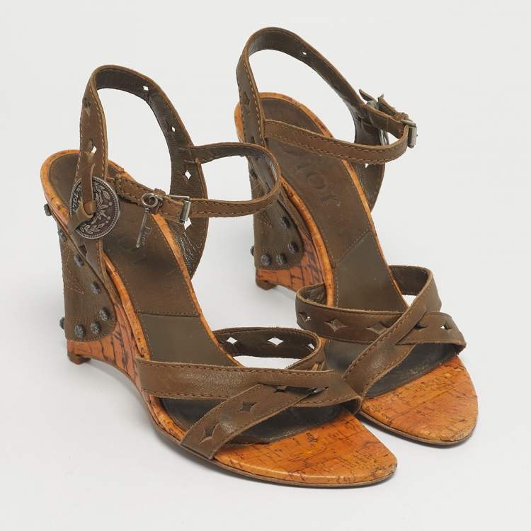 Pre Owned Dior Two Tone Leather Gaucho Wedge Ankle Strap Sandals Size 37