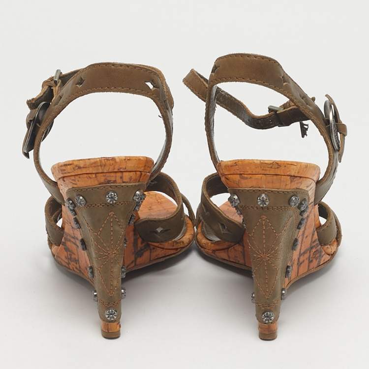 Pre Owned Dior Two Tone Leather Gaucho Wedge Ankle Strap Sandals Size 37