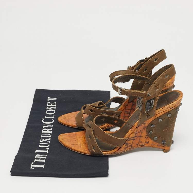 Pre Owned Dior Two Tone Leather Gaucho Wedge Ankle Strap Sandals Size 37