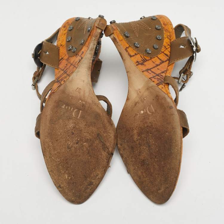 Pre Owned Dior Two Tone Leather Gaucho Wedge Ankle Strap Sandals Size 37