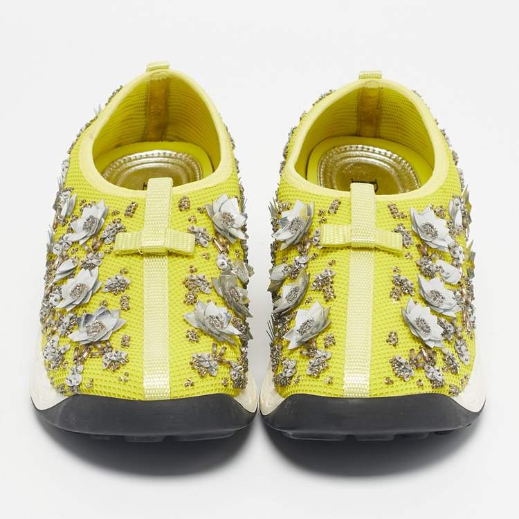 Pre Owned Dior Yellow Mesh Crystal Embellished Fusion Slip On Sneakers Size 39.5