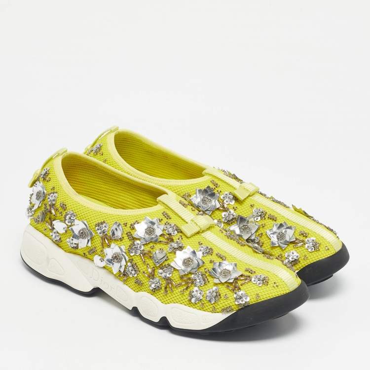Pre Owned Dior Yellow Mesh Crystal Embellished Fusion Slip On Sneakers Size 39.5