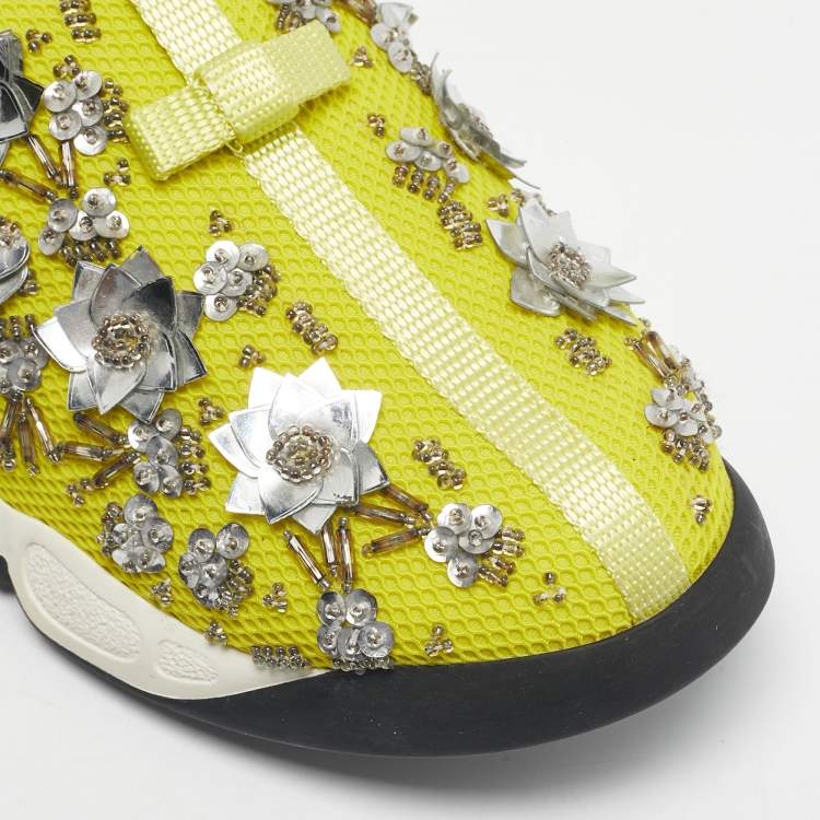 Pre Owned Dior Yellow Mesh Crystal Embellished Fusion Slip On Sneakers Size 39.5