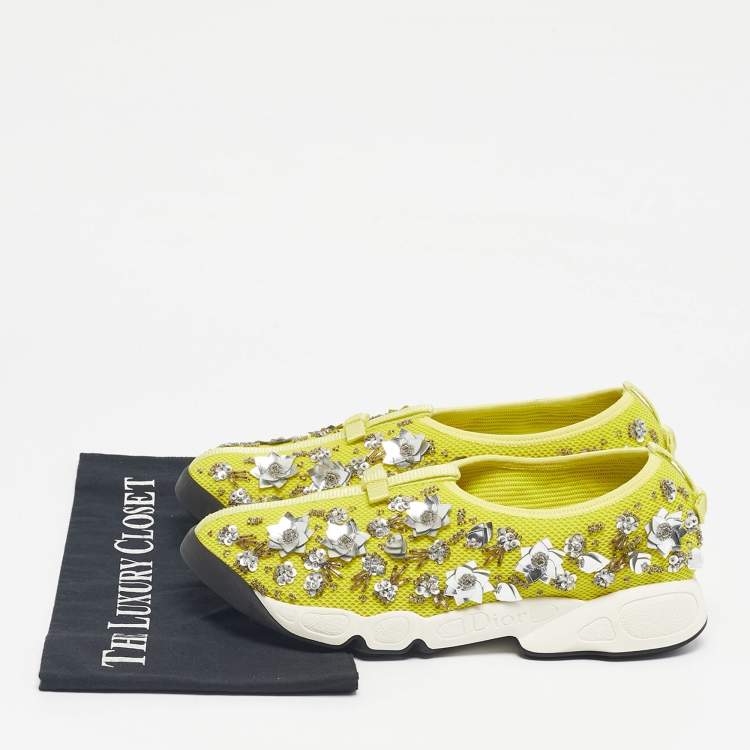 Pre Owned Dior Yellow Mesh Crystal Embellished Fusion Slip On Sneakers Size 39.5