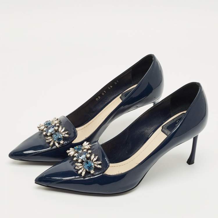 Pre Owned Dior Navy Blue Patent Leather Dianeme Crystal Embellished Pumps Size 37
