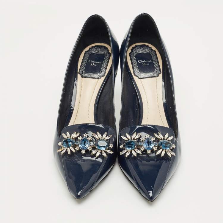 Pre Owned Dior Navy Blue Patent Leather Dianeme Crystal Embellished Pumps Size 37