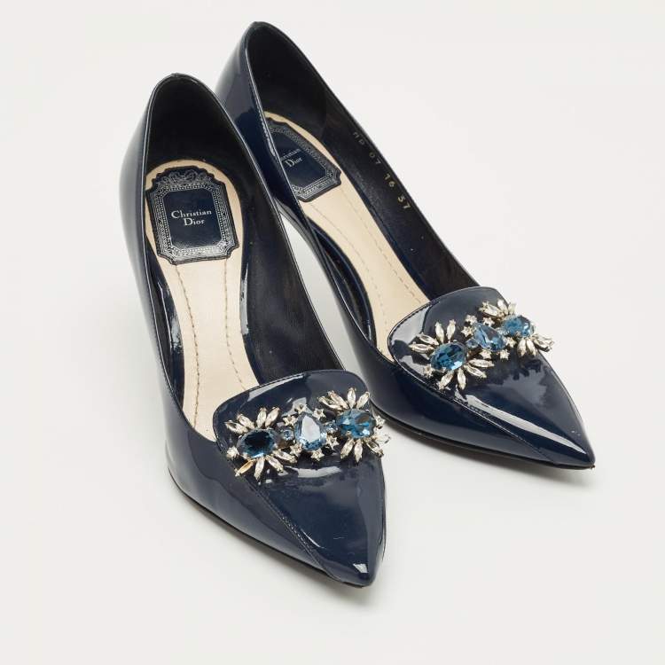 Pre Owned Dior Navy Blue Patent Leather Dianeme Crystal Embellished Pumps Size 37