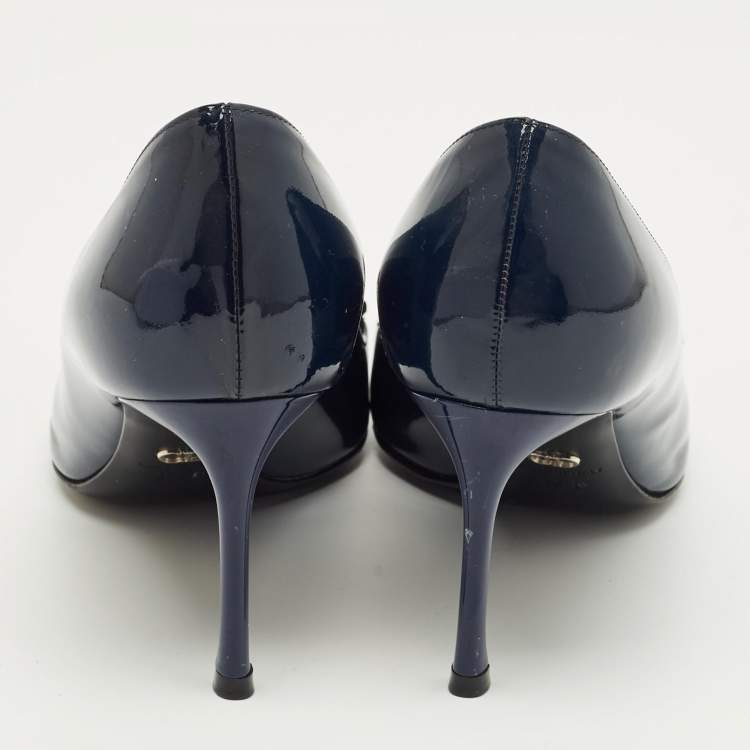 Pre Owned Dior Navy Blue Patent Leather Dianeme Crystal Embellished Pumps Size 37