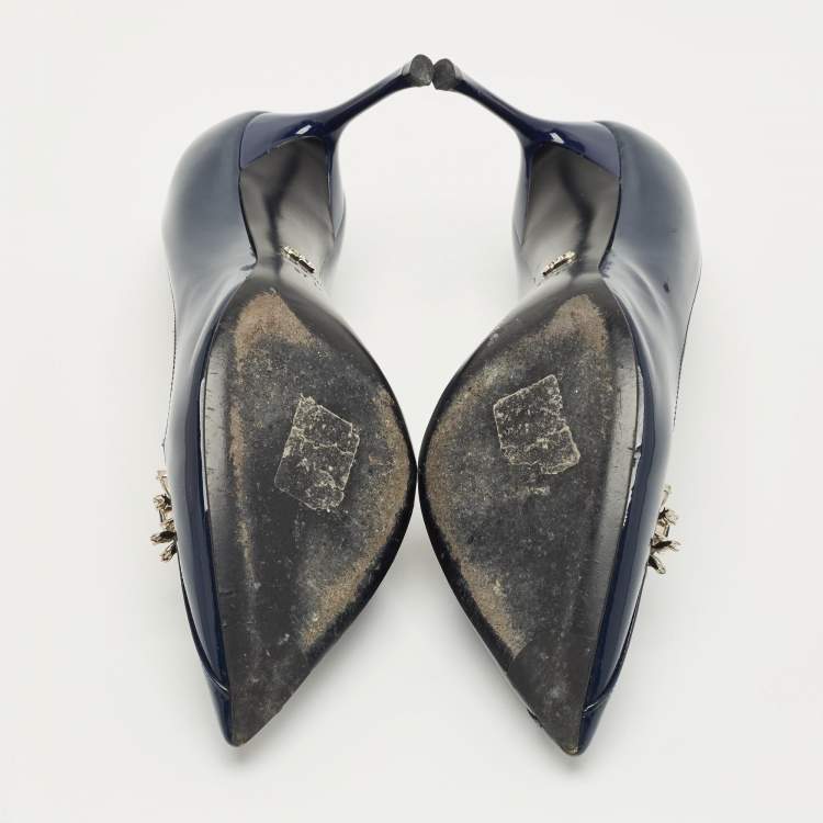 Pre Owned Dior Navy Blue Patent Leather Dianeme Crystal Embellished Pumps Size 37