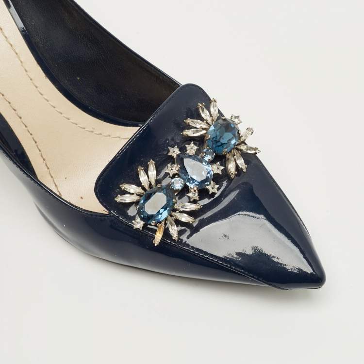 Pre Owned Dior Navy Blue Patent Leather Dianeme Crystal Embellished Pumps Size 37