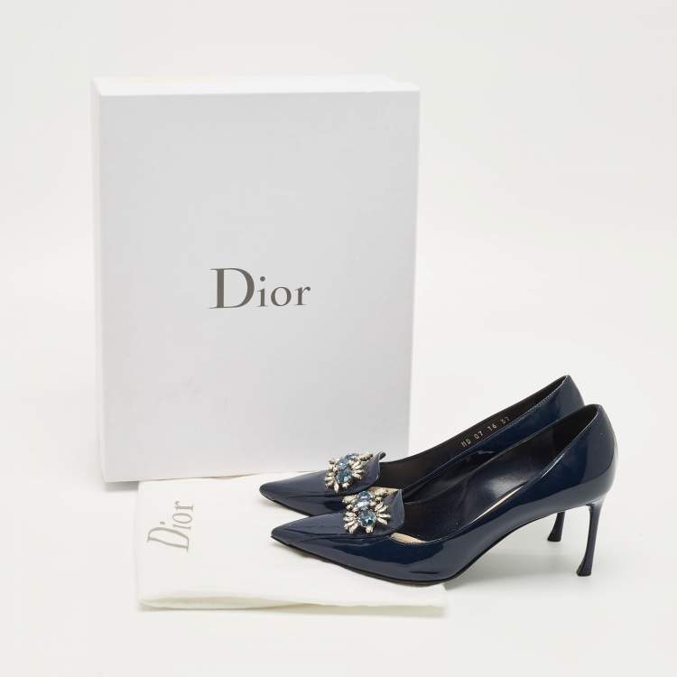 Pre Owned Dior Navy Blue Patent Leather Dianeme Crystal Embellished Pumps Size 37