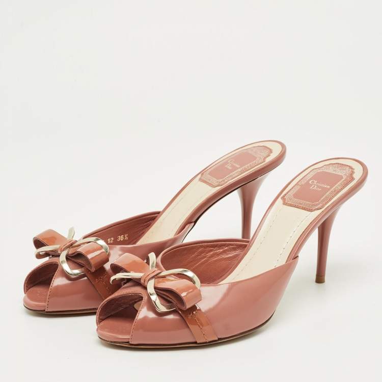 Pre Owned Dior Burgundy Leather  Bow Peep Toe Slide Sandals Size 36.5