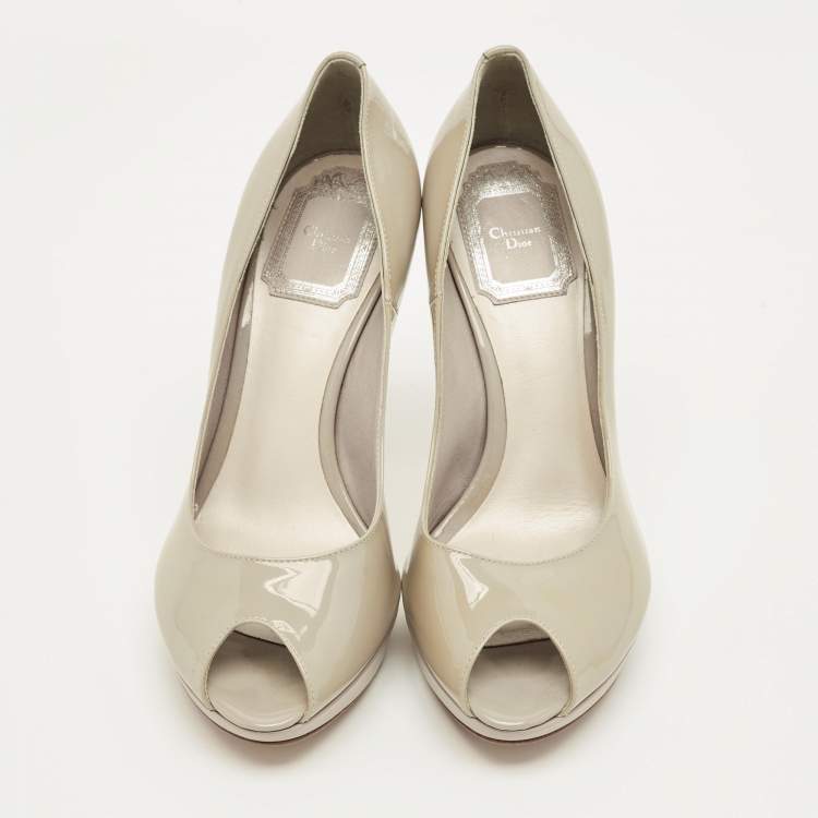 Pre Owned Dior Grey Patent Leather Peep Toe Platform Pumps Size 36.5