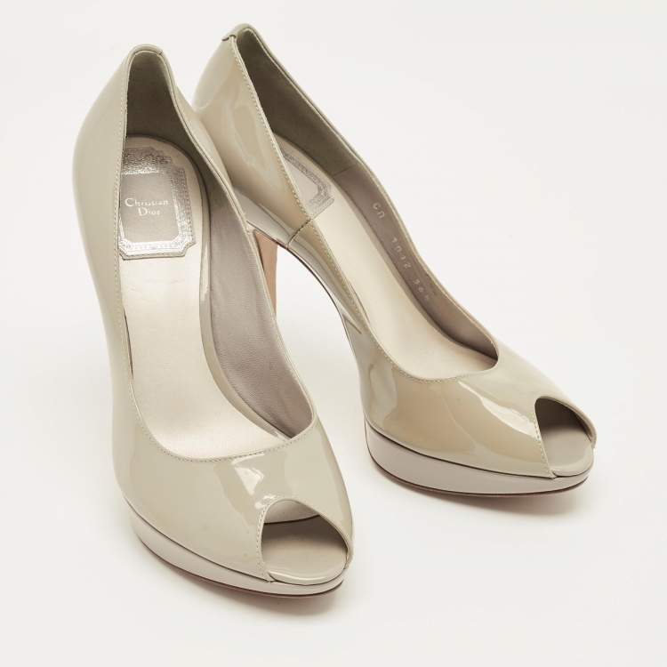 Pre Owned Dior Grey Patent Leather Peep Toe Platform Pumps Size 36.5