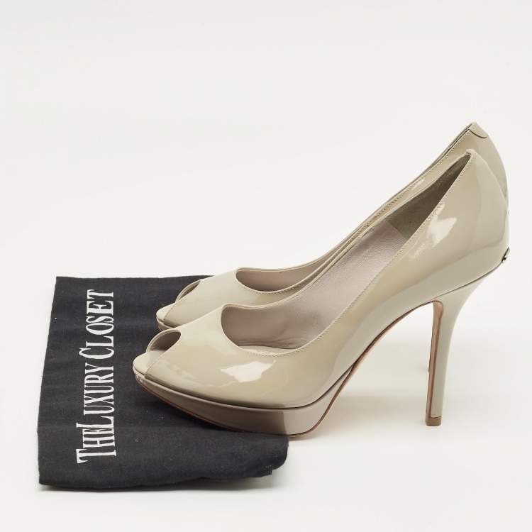 Pre Owned Dior Grey Patent Leather Peep Toe Platform Pumps Size 36.5