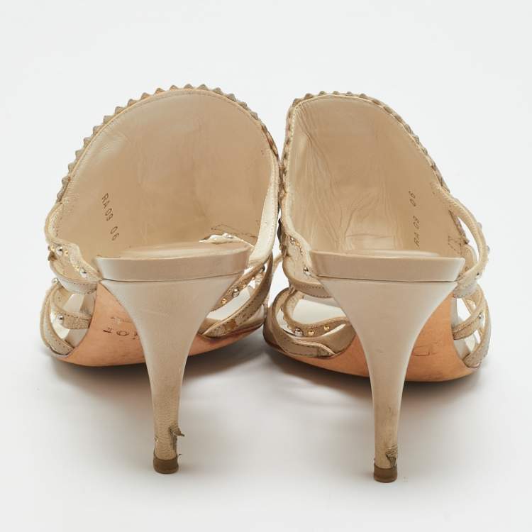 Pre Owned Dior Beige Leather and Suede Studded Embellish Slide Sandals Size 36