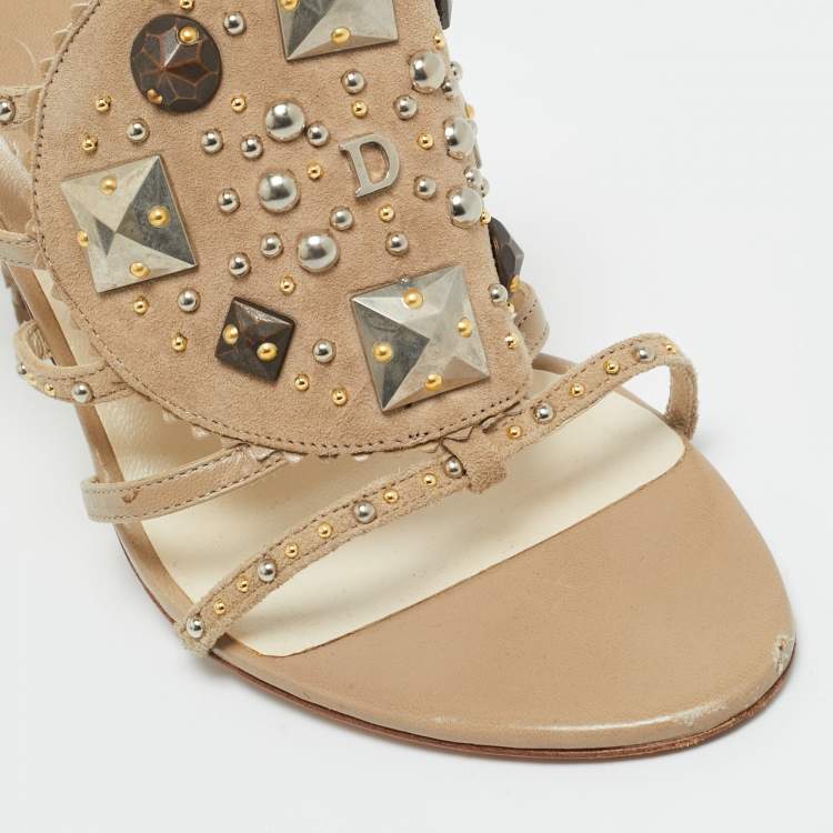 Pre Owned Dior Beige Leather and Suede Studded Embellish Slide Sandals Size 36