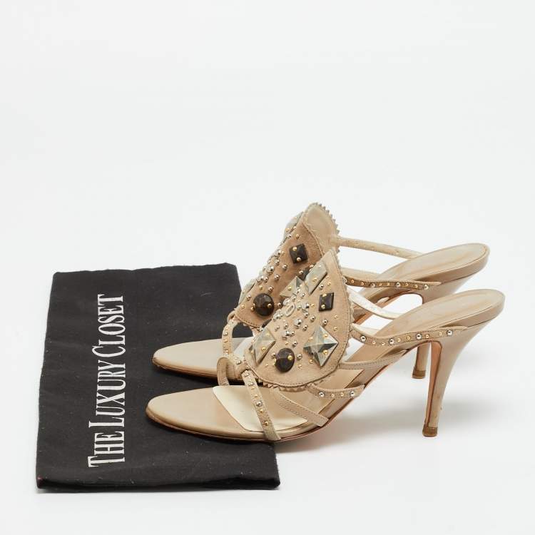 Pre Owned Dior Beige Leather and Suede Studded Embellish Slide Sandals Size 36