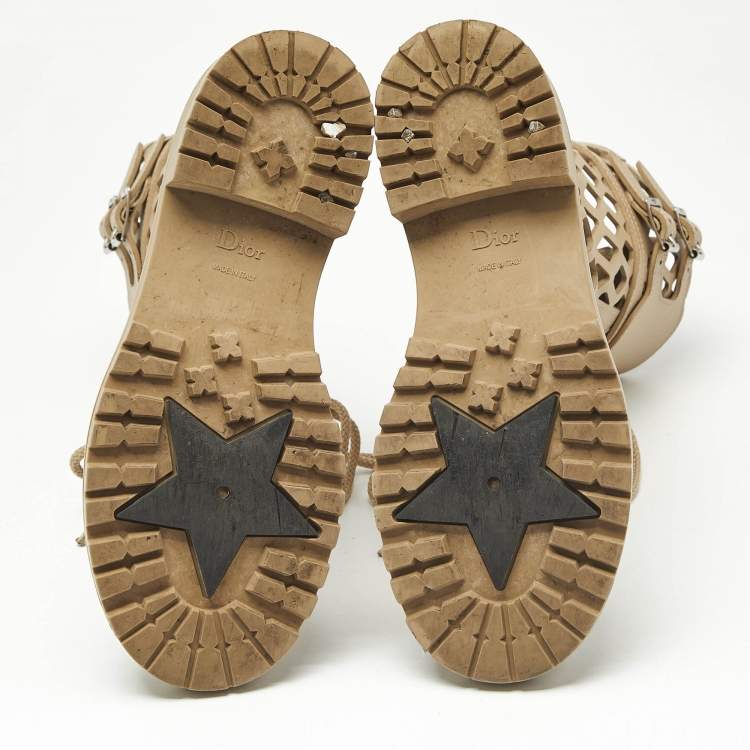 Pre Owned Dior Beige Leather Laser Cut Accents Combat Boots Size 37.5