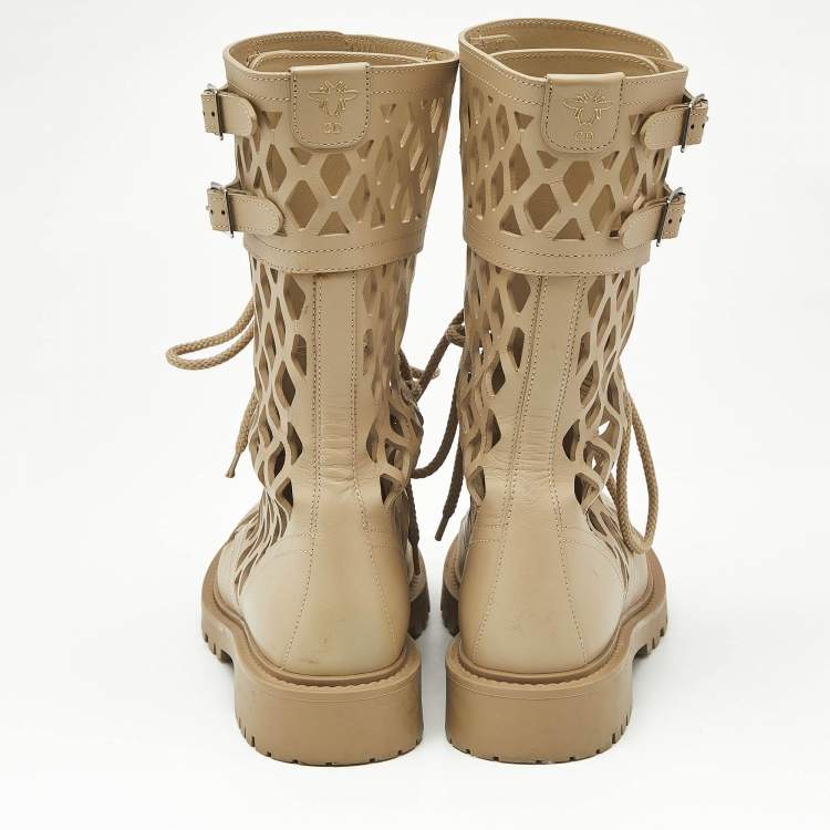 Pre Owned Dior Beige Leather Laser Cut Accents Combat Boots Size 37.5