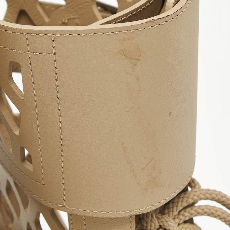 Pre Owned Dior Beige Leather Laser Cut Accents Combat Boots Size 37.5