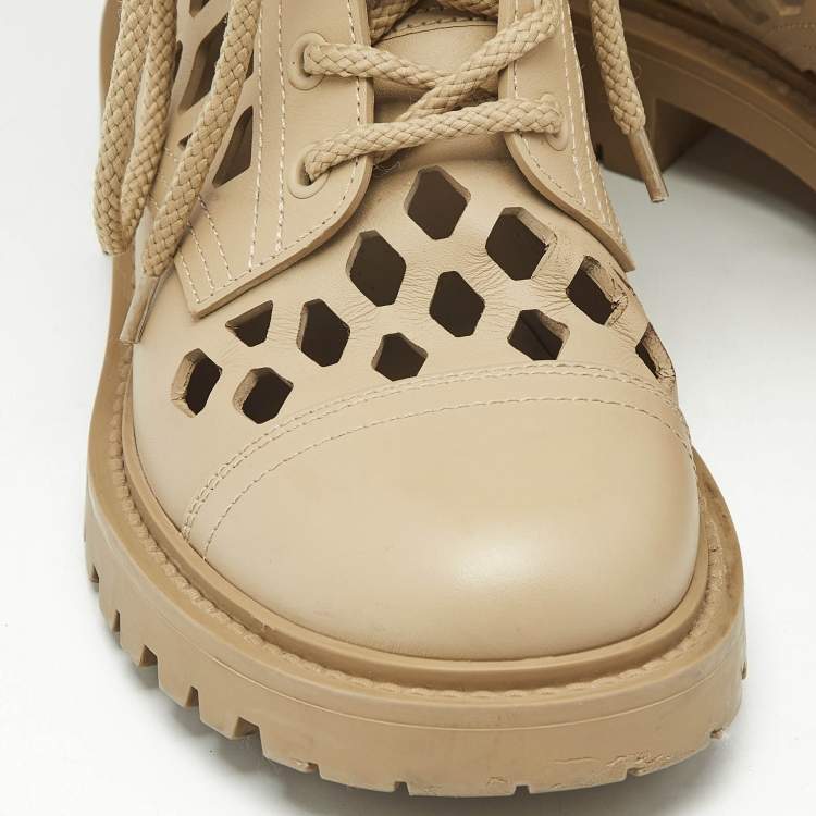 Pre Owned Dior Beige Leather Laser Cut Accents Combat Boots Size 37.5