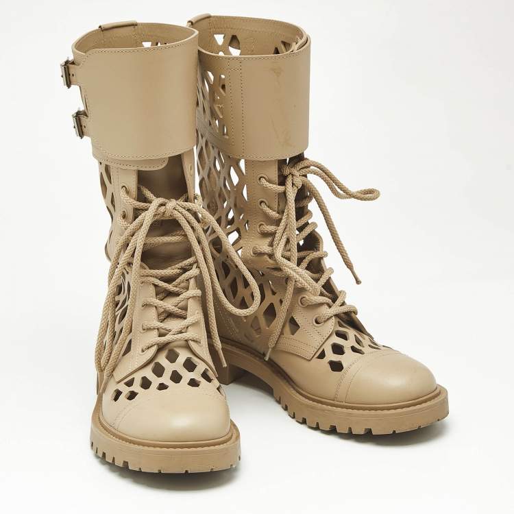 Pre Owned Dior Beige Leather Laser Cut Accents Combat Boots Size 37.5