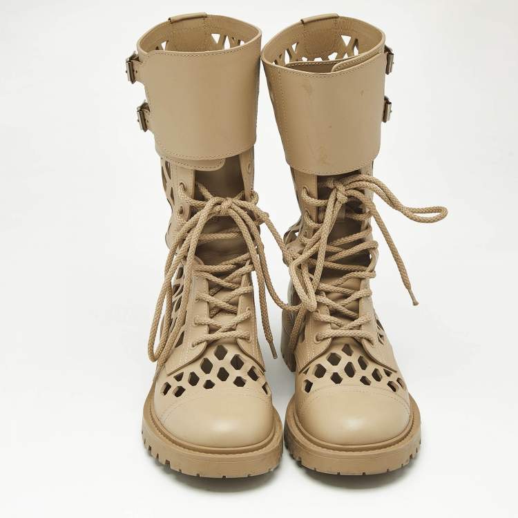 Pre Owned Dior Beige Leather Laser Cut Accents Combat Boots Size 37.5