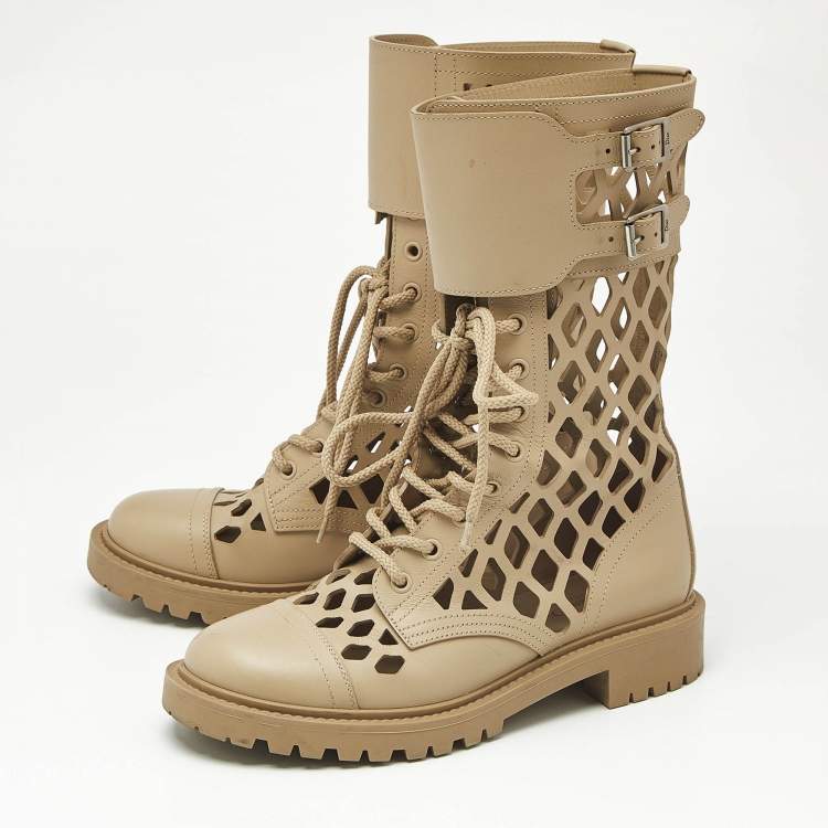 Pre Owned Dior Beige Leather Laser Cut Accents Combat Boots Size 37.5