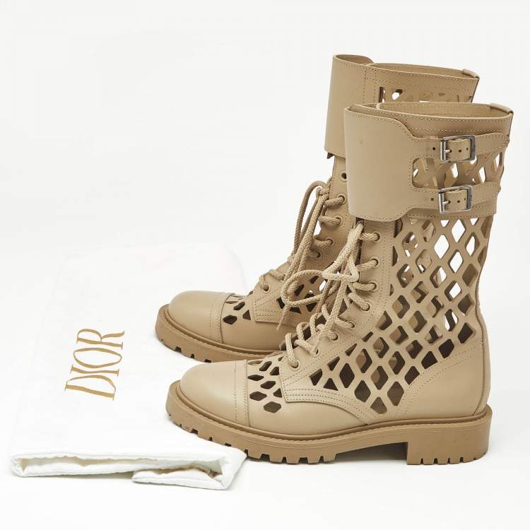 Pre Owned Dior Beige Leather Laser Cut Accents Combat Boots Size 37.5