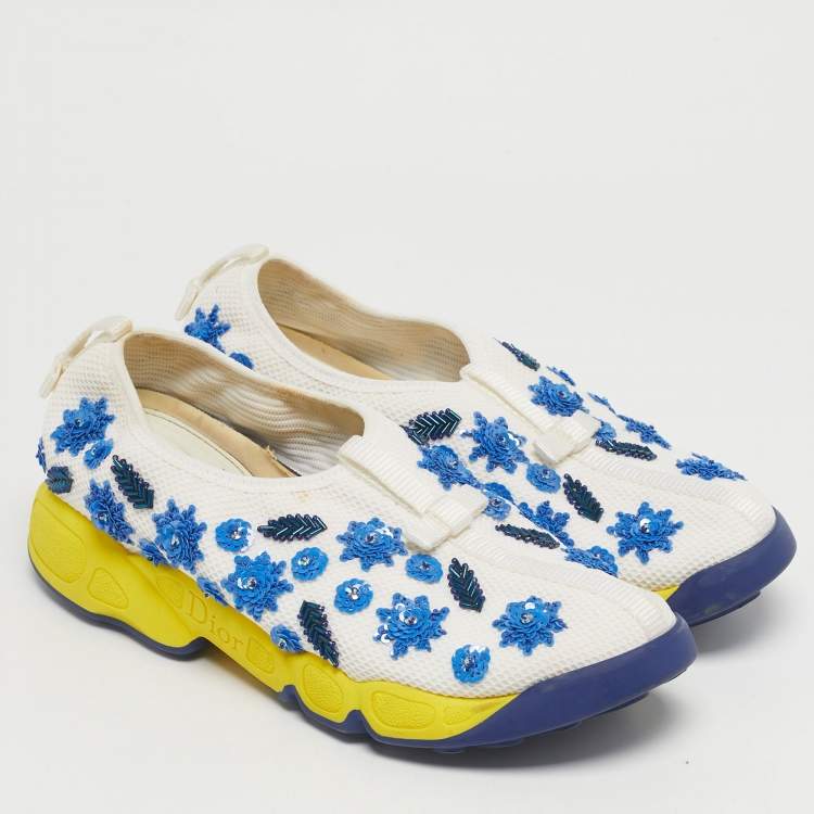 Pre Owned Dior White/Blue Mesh Embellished Fusion Sneakers Size 37