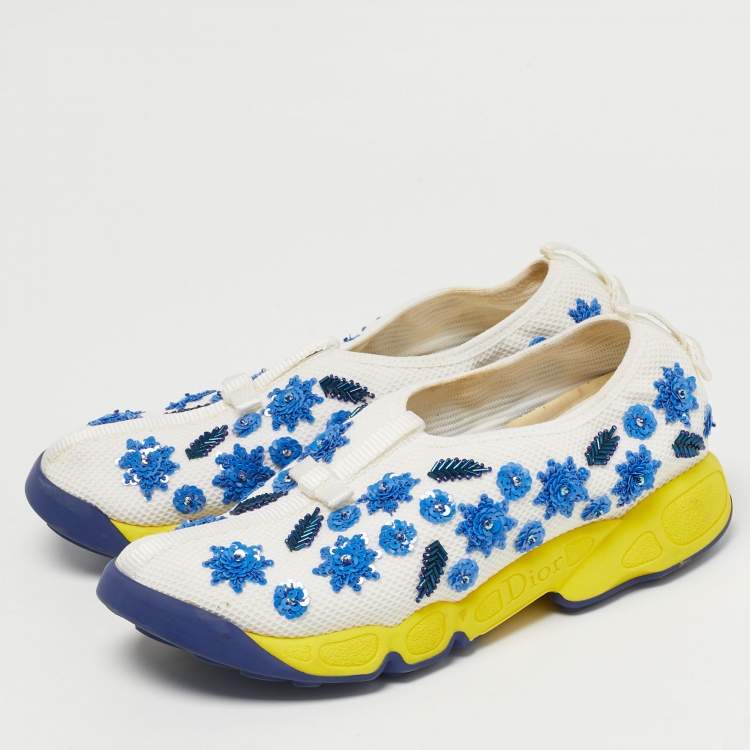 Pre Owned Dior White/Blue Mesh Embellished Fusion Sneakers Size 37