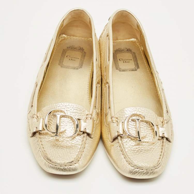 Pre Owned Dior Gold Leather CD Logo Slip On Loafers Size 39