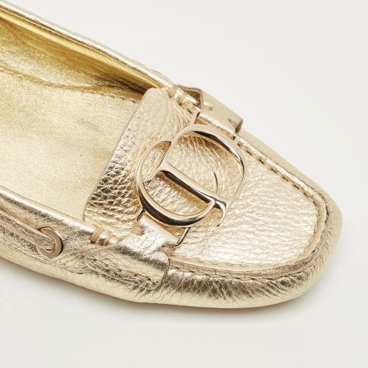 Pre Owned Dior Gold Leather CD Logo Slip On Loafers Size 39