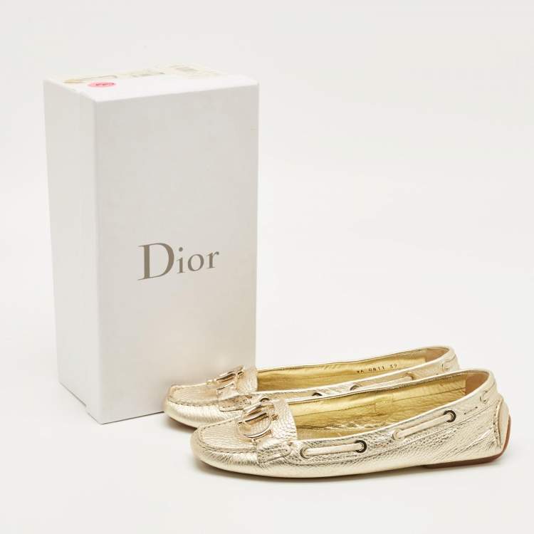 Pre Owned Dior Gold Leather CD Logo Slip On Loafers Size 39
