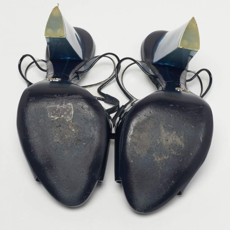 Pre Owned Dior Navy Blue Patent Leather Ankle Strap Sandals Size 37