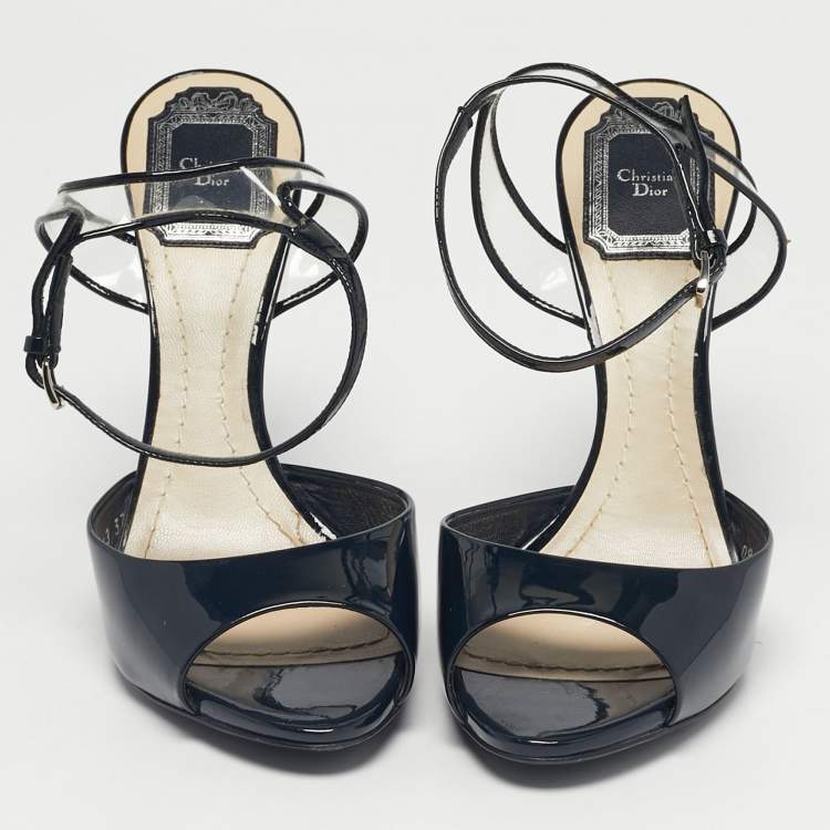 Pre Owned Dior Navy Blue Patent Leather Ankle Strap Sandals Size 37