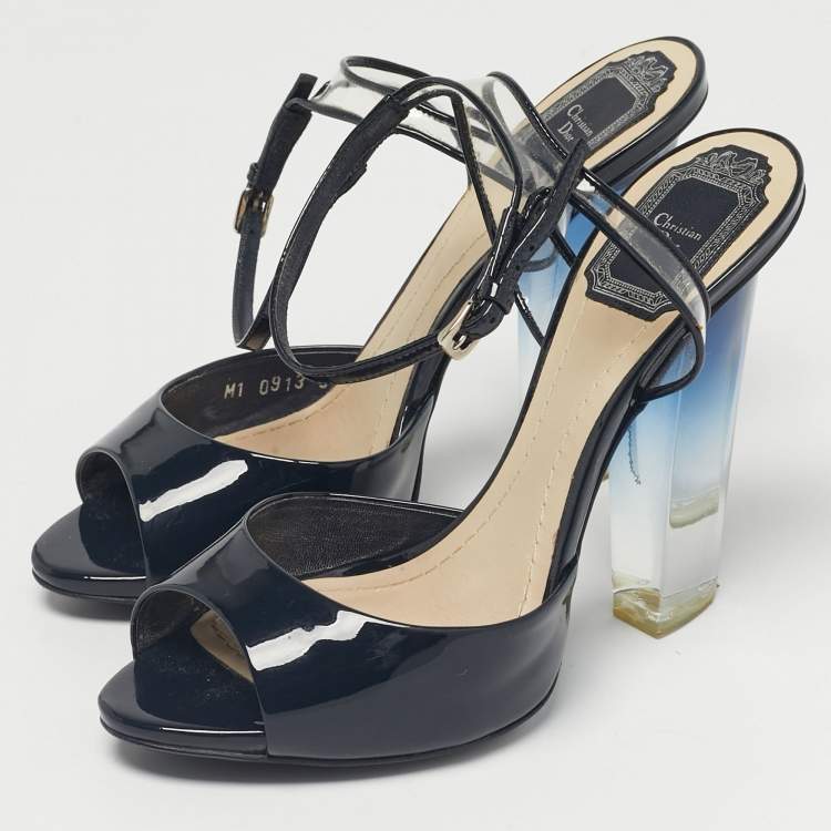 Pre Owned Dior Navy Blue Patent Leather Ankle Strap Sandals Size 37