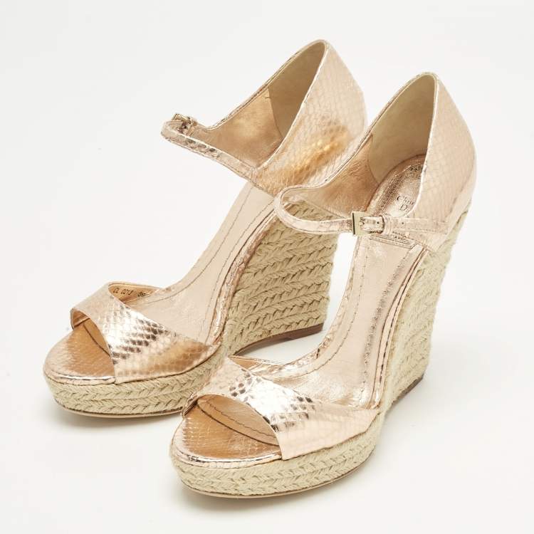 Pre Owned Dior Gold Rose Snakeskin Embossed Leather Wedge Sandals Size 36