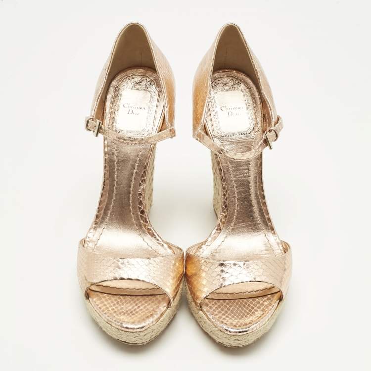 Pre Owned Dior Gold Rose Snakeskin Embossed Leather Wedge Sandals Size 36