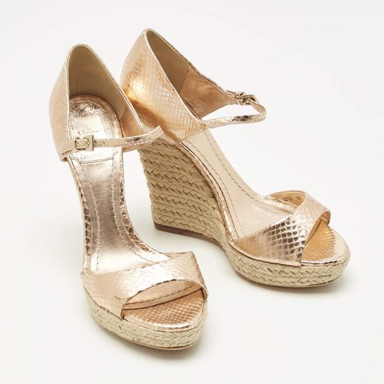 Pre Owned Dior Gold Rose Snakeskin Embossed Leather Wedge Sandals Size 36