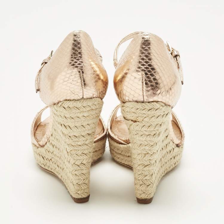 Pre Owned Dior Gold Rose Snakeskin Embossed Leather Wedge Sandals Size 36