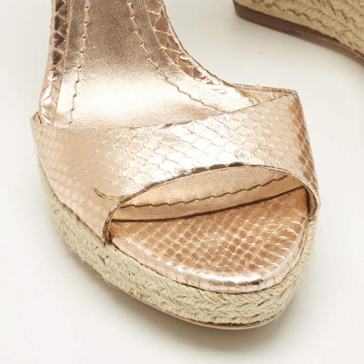 Pre Owned Dior Gold Rose Snakeskin Embossed Leather Wedge Sandals Size 36