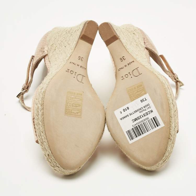 Pre Owned Dior Gold Rose Snakeskin Embossed Leather Wedge Sandals Size 36