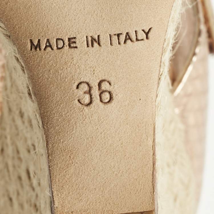 Pre Owned Dior Gold Rose Snakeskin Embossed Leather Wedge Sandals Size 36