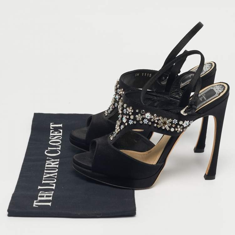 Pre Owned Dior Black Satin Crystal Embellished Ankle Strap Sandals Size 37.5
