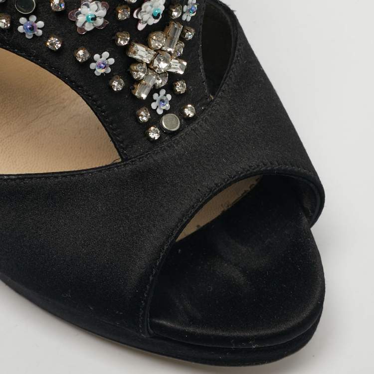 Pre Owned Dior Black Satin Crystal Embellished Ankle Strap Sandals Size 37.5