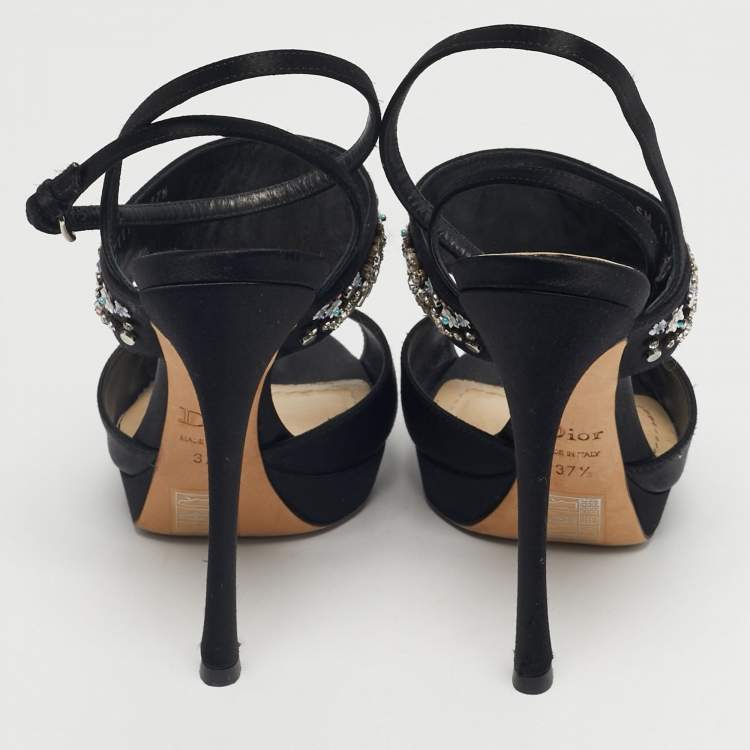 Pre Owned Dior Black Satin Crystal Embellished Ankle Strap Sandals Size 37.5