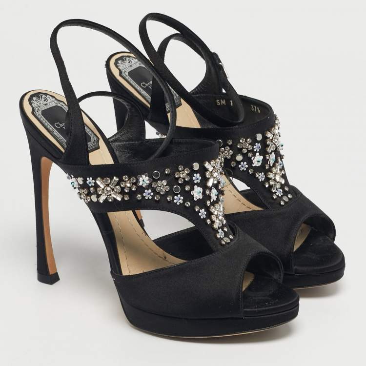 Pre Owned Dior Black Satin Crystal Embellished Ankle Strap Sandals Size 37.5